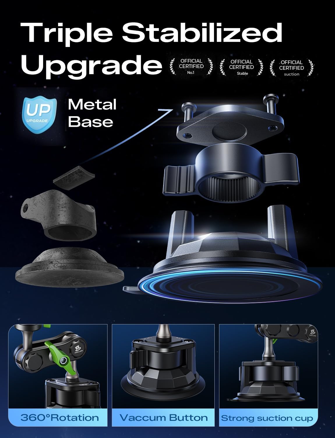 MAGIC JOHN Heavy-Duty Car Phone Mount for Road-Trippers, Suction Cup Windshield Phone Holder for Rental Cars and Long Drives
