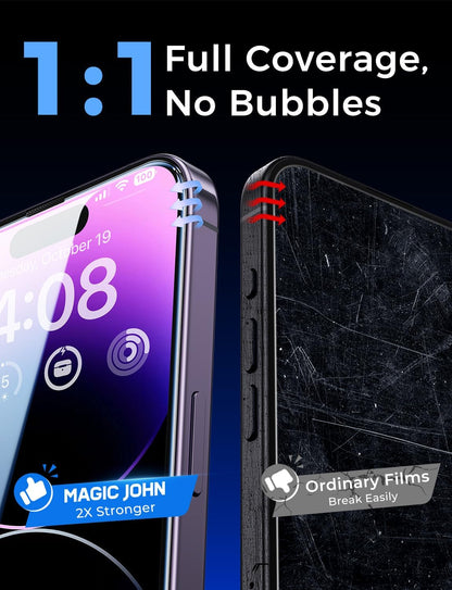 MAGIC JOHN iPhone 14 Pro Max 2 Pack Tempered Glass with Clean Alignment Tray, Clutter-Free Install for Minimalist Phone Setups