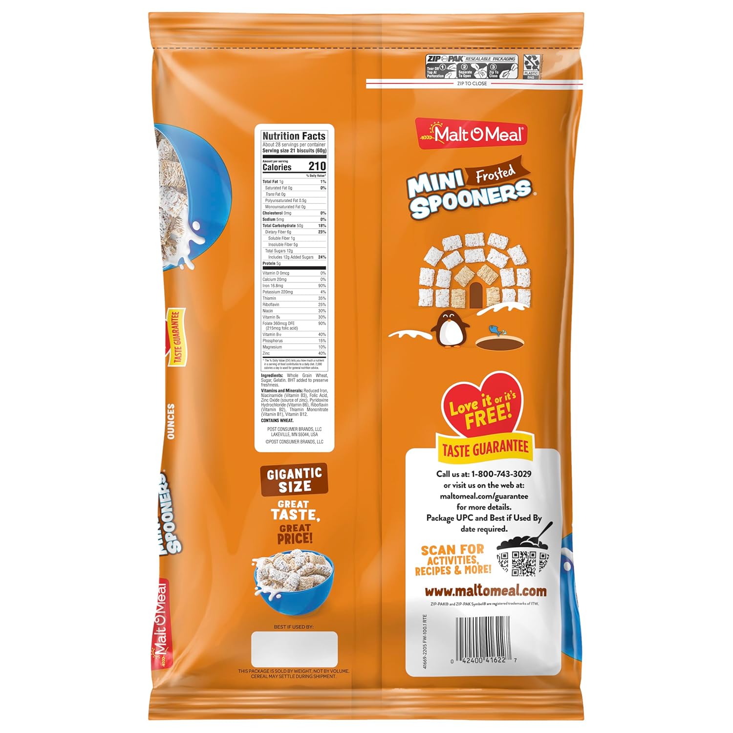Malt-O-Meal Frosted Mini Spooners Shredded Wheat Cereal, 60 oz Resealable Travel Bag – Road Trip and Camping Cereal for the Whole Crew