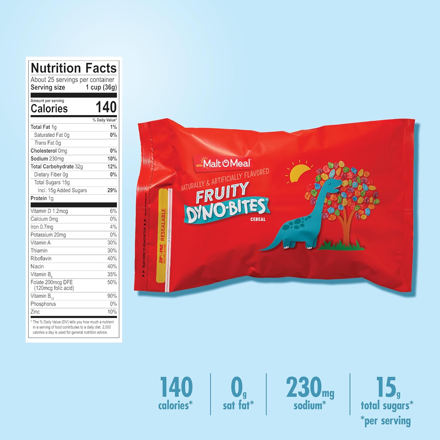 Malt-O-Meal Fruity Dyno Bites Cereal, Practical Gluten Free Gift Basket Add In for New Parents, 32 OZ Resealable Bag