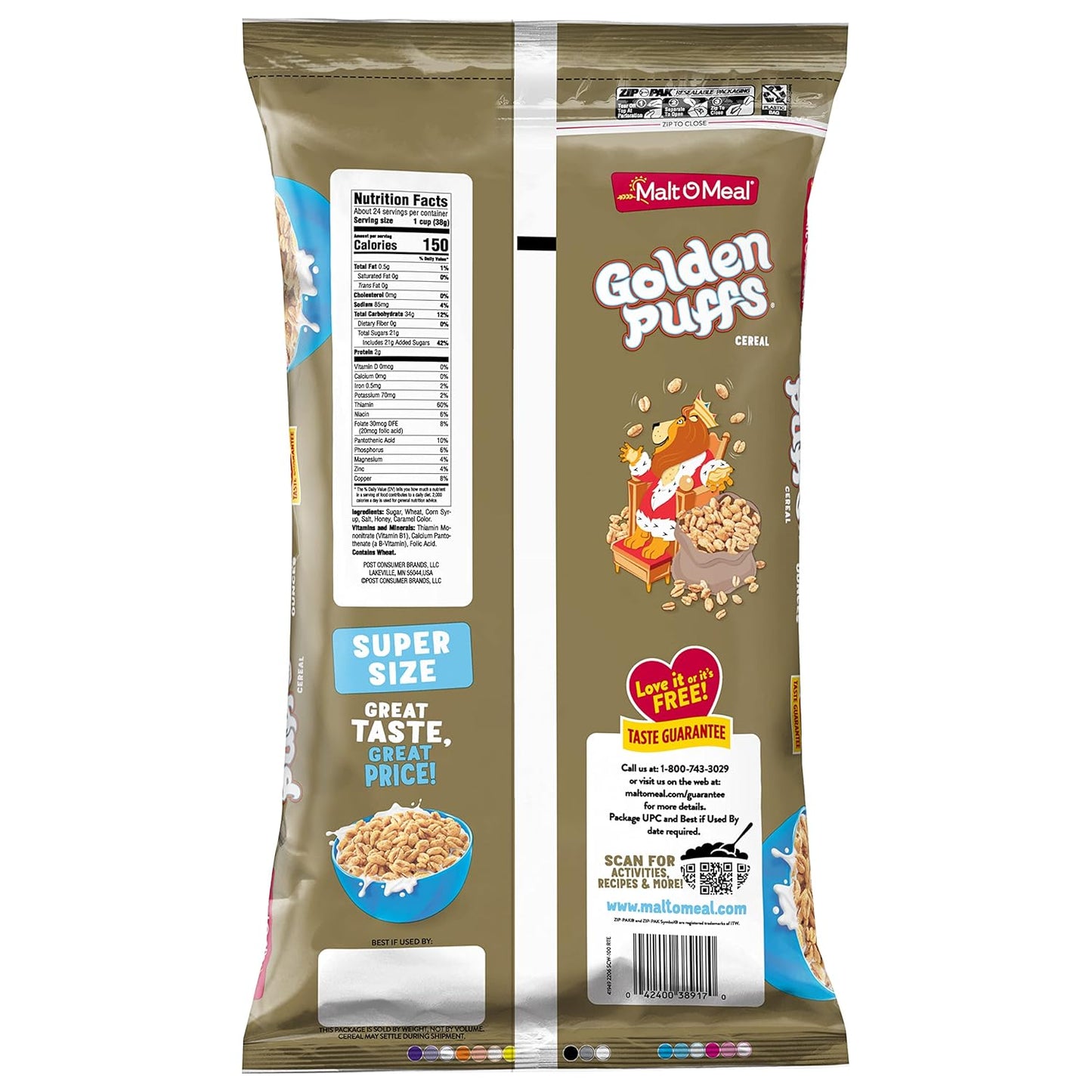 Malt-O-Meal Golden Puffs Sweetened Puffed Wheat Cereal – Quick Fuel Bowl for Busy Work-From-Home Mornings, 32 oz Resealable Bag
