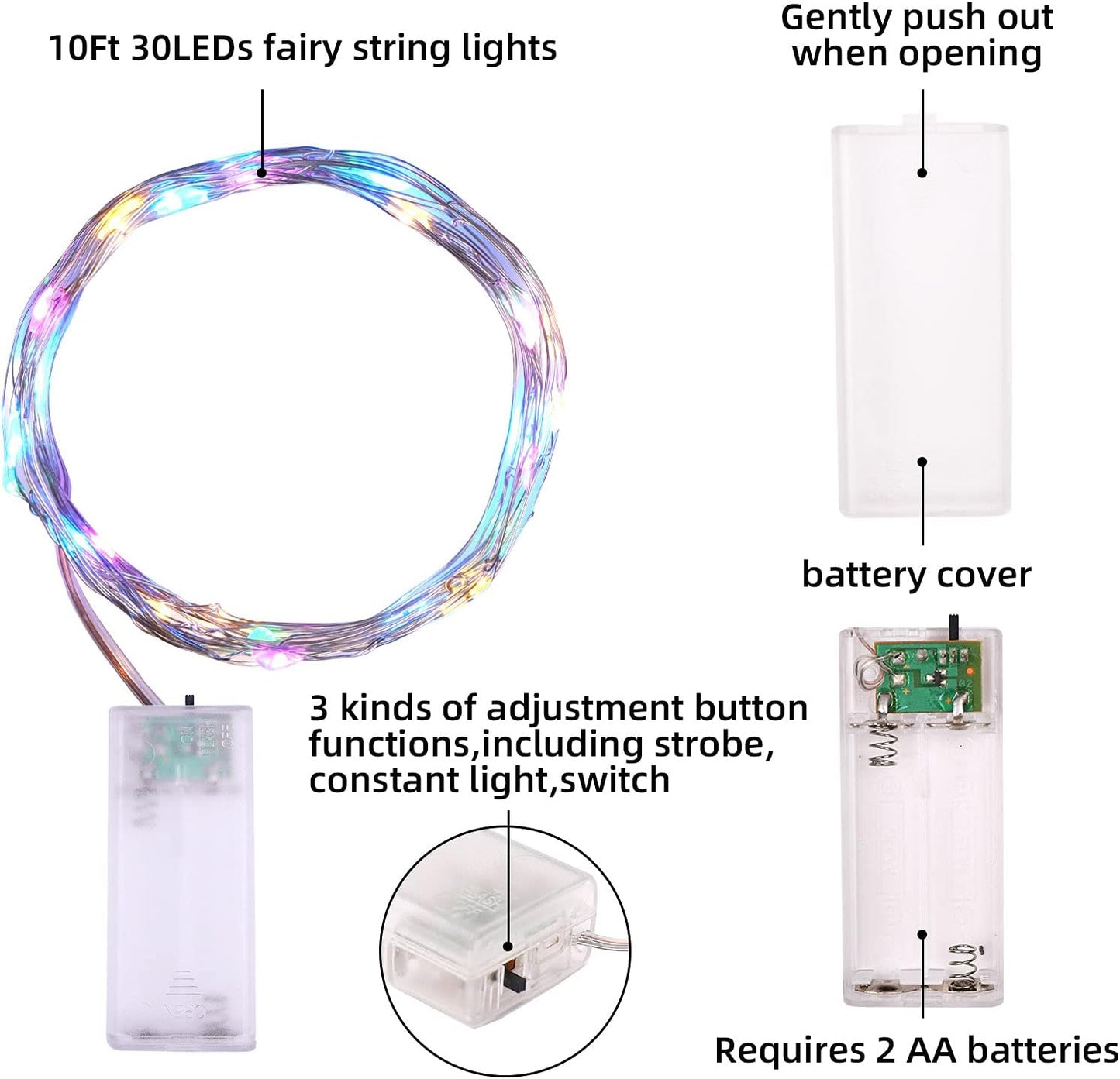 Mandiq 4 Pack Cool-to-Touch Fairy Lights for Kids Bedroom, Battery Operated Multicolor String Lights Safe for Nursery and Playroom