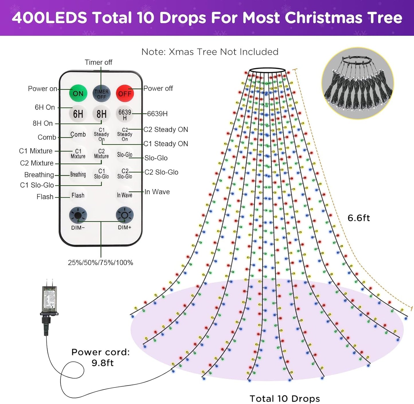 Marchpower Christmas Tree Lights – IP44 Waterproof Patio and Porch Tree Lights, 400 Diamond LEDs with 11 Modes and 13FT Remote