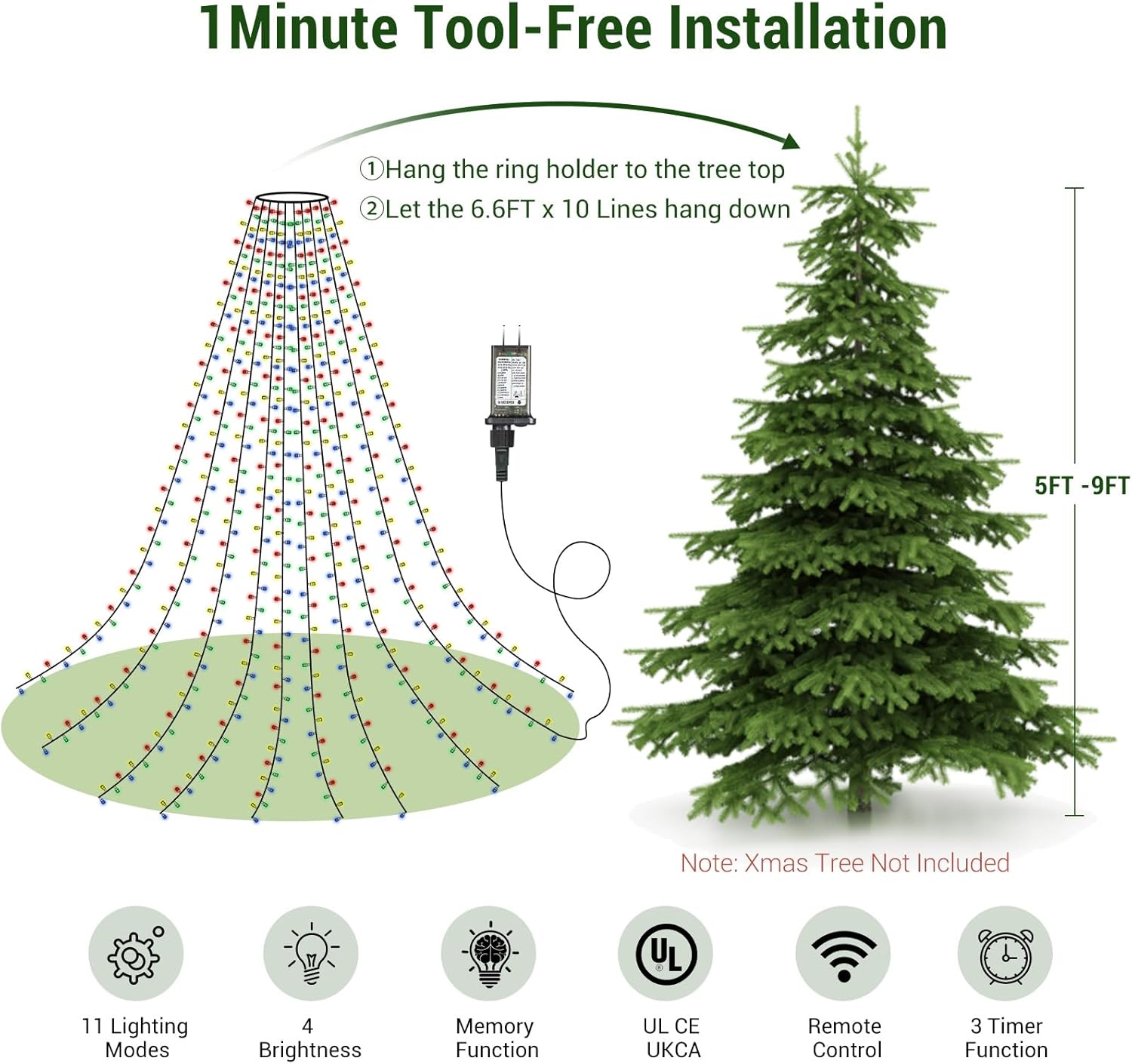 Marchpower Christmas Tree Lights – IP44 Waterproof Patio and Porch Tree Lights, 400 Diamond LEDs with 11 Modes and 13FT Remote