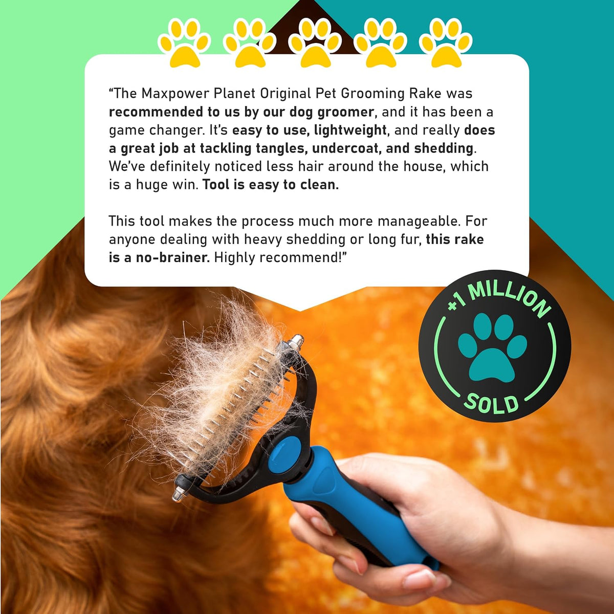 Maxpower Planet Pet Grooming Rake – Skin-Safe Undercoat Brush with Rounded Stainless Teeth, No Scratching