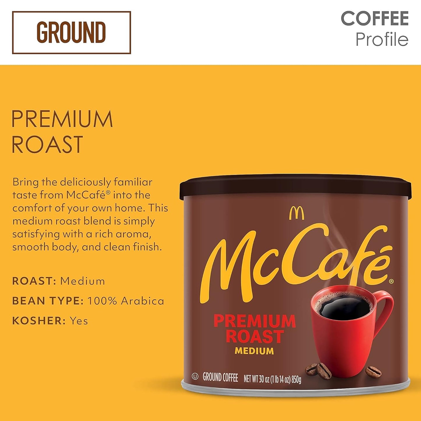 McCafe Premium Roast Medium Roast Ground Coffee 30 oz Canister – Low-Acidity Brew for Sensitive Stomachs and GERD