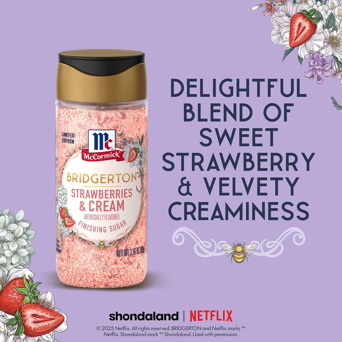 McCormick Bridgerton Finishing Sugar – Limited Edition Birthday Gift for Bridgerton Fans, Strawberries & Cream Dessert Garnish