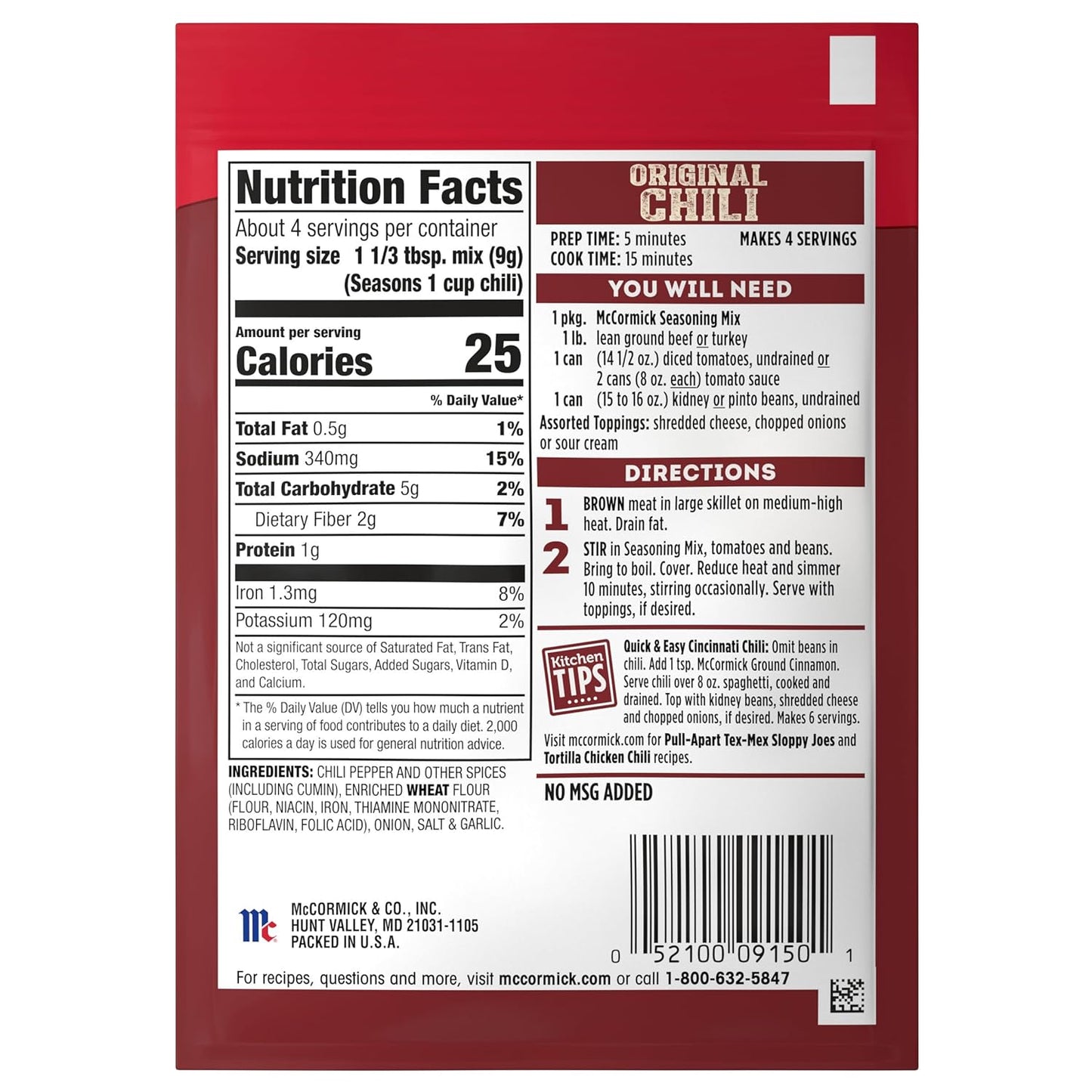 McCormick Original Chili Seasoning Mix for Vegetarian Bean Chili, No MSG Clean Label