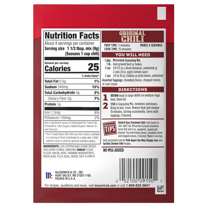 McCormick Original Chili Seasoning Mix for Vegetarian Bean Chili, No MSG Clean Label