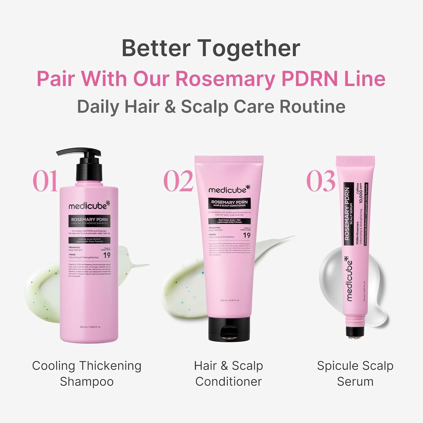 medicube Rosemary PDRN Clarifying Thickening Shampoo | High-End Volumizing Cleanser for Weak Strands, Elevated Bath Display
