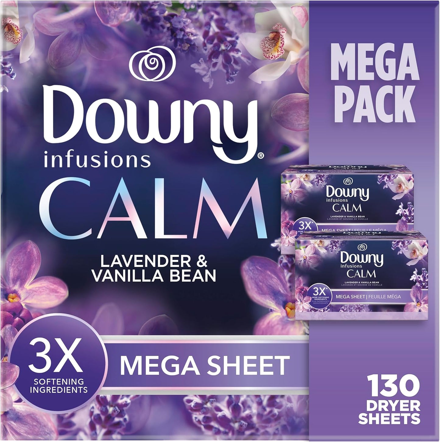 mega 130-count sheet packaging, with line variants at 90, 105, 180, and 200 counts for different household sizes
