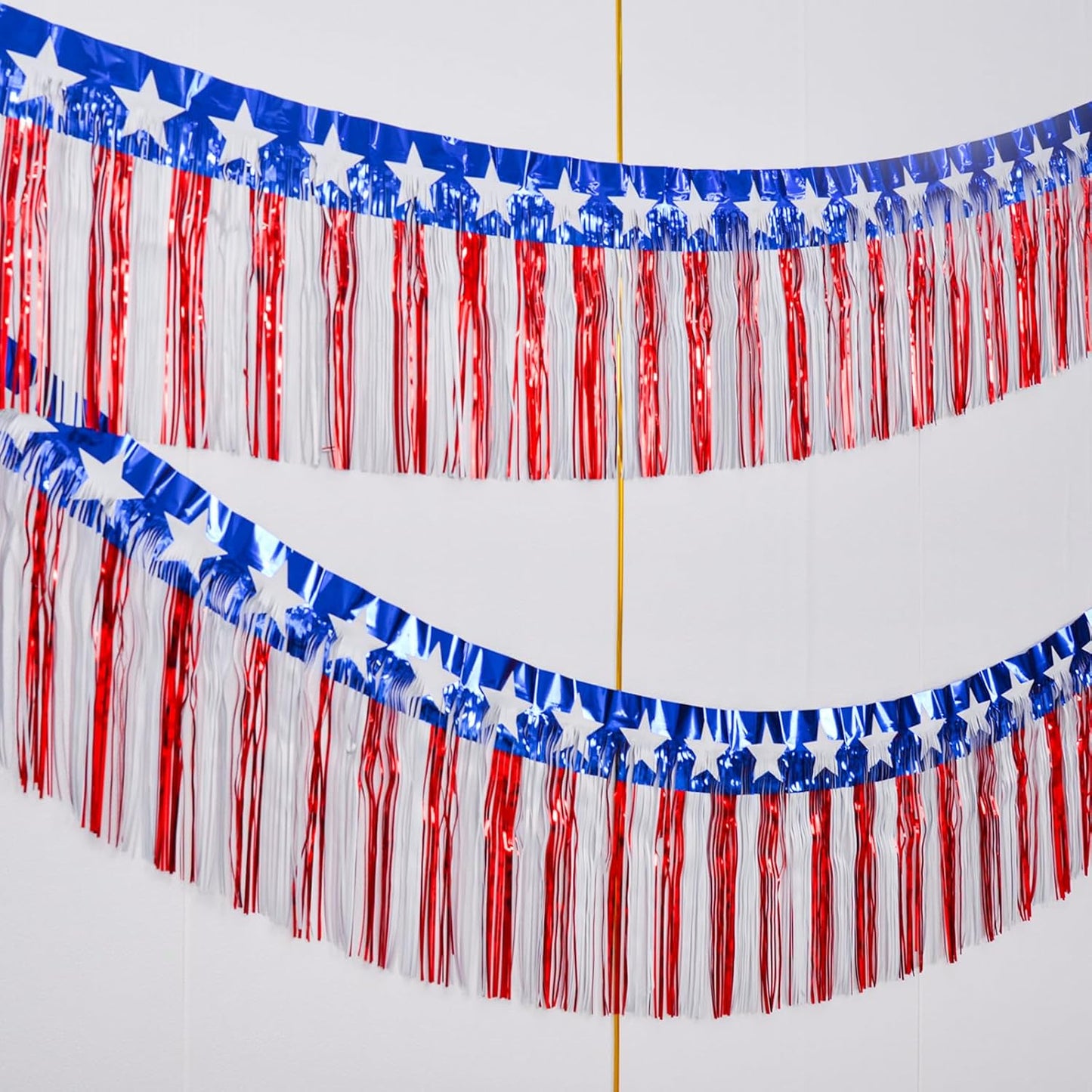 Mega-L 4th of July Metallic Fringe Streamers – 2-Pack Weatherproof Backdrop for Camping & Backyard Events