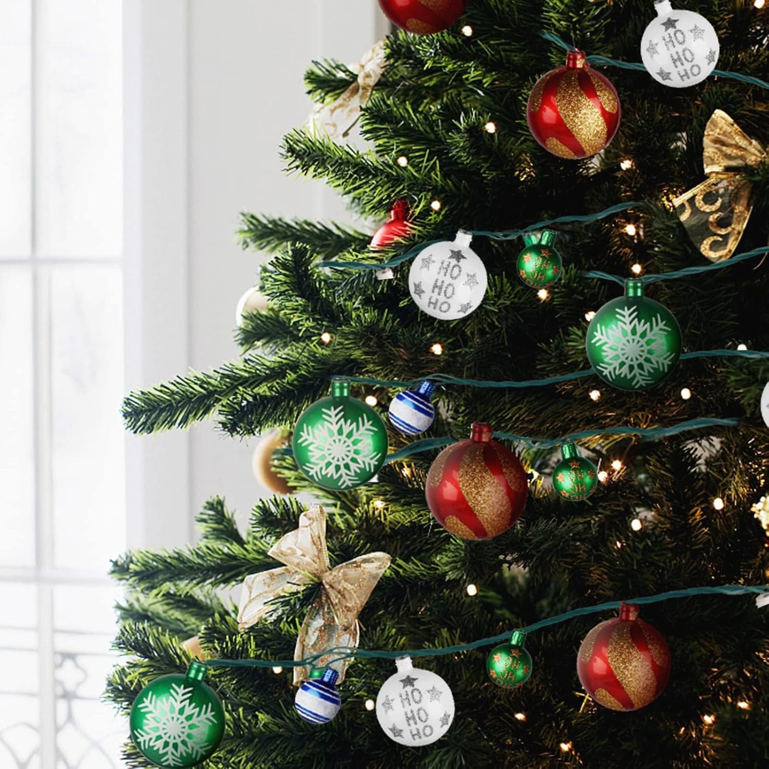 MerryMuse Patterned Ball Christmas Lights for Mantel and Staircase, 25 Resin LED Bulbs, Plug-in Holiday Home Accent