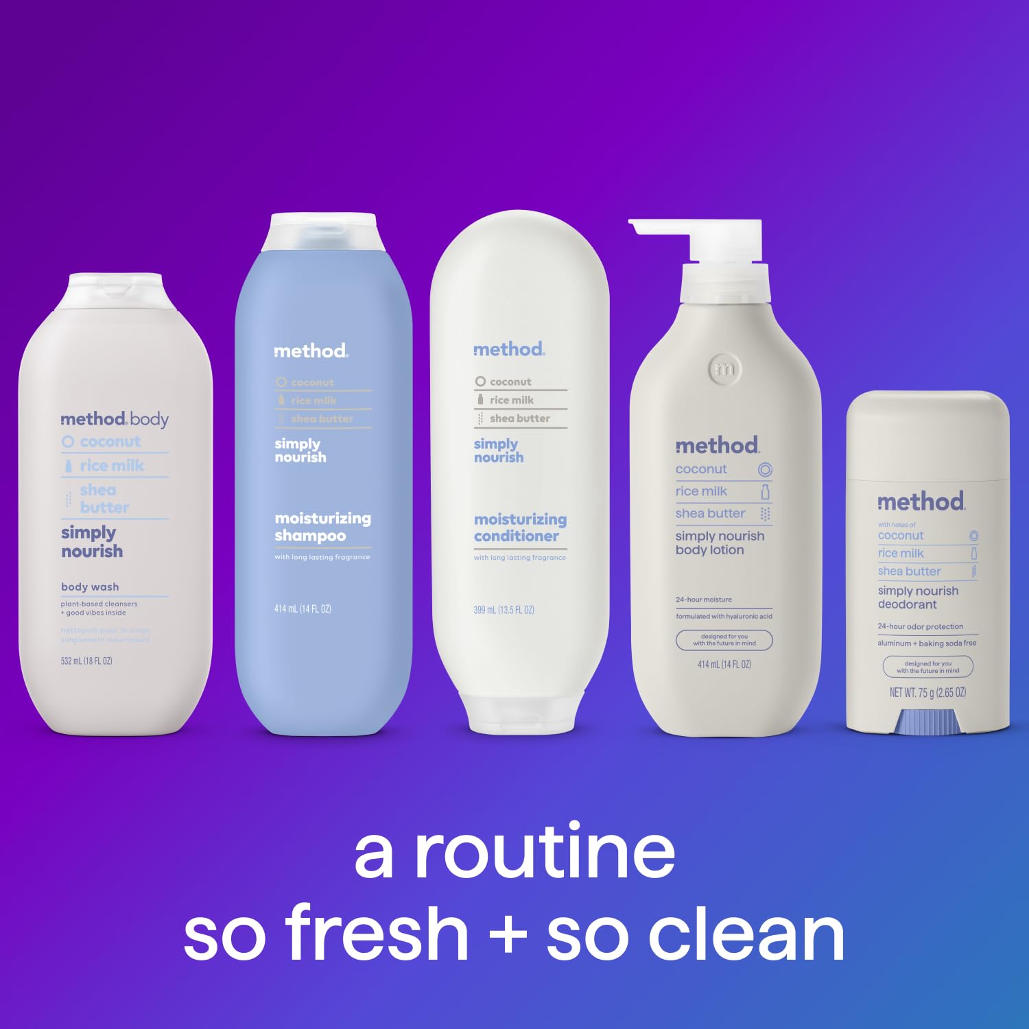 Method Body Wash Simply Nourish 3-Pack – Clean Design Neutral Pump Bottles for Uncluttered Bathroom Storage