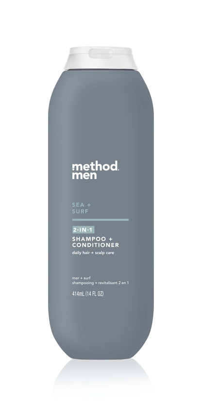 Method Men 2-in-1 Shampoo and Conditioner, Sea + Surf - Cleans and Conditions with Argan and Jojoba Oil - Made without Parabens - 14 oz