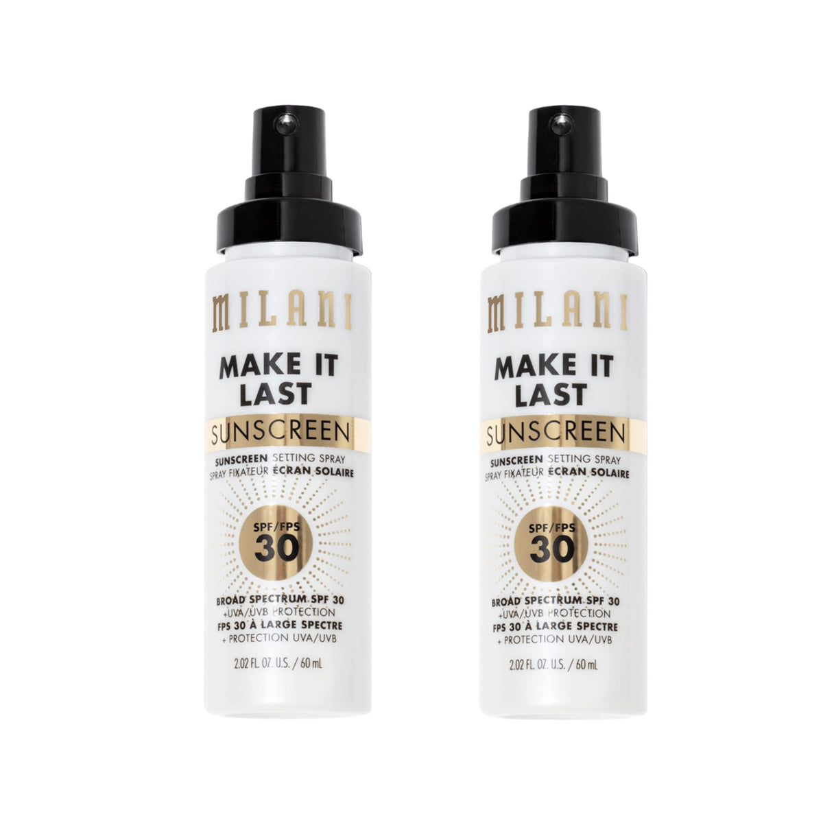 Milani Sunscreen Setting Spray + Primer, Make It Last Sunscreen for Face- SPF 30 UVA &amp;amp; UVB Protection Antioxidant Rich Formula for Broad Spectrum Protection, Prime + Set + Protect, 2.02Fl. Oz - 2 Pack