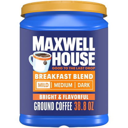 mild roast breakfast blend ground coffee in a 38.8 oz resealable canister