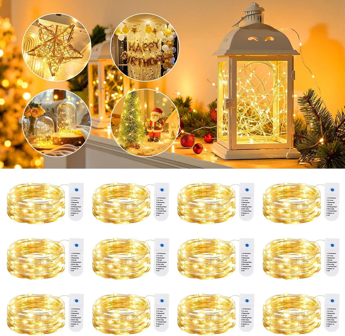 Minetom Battery Fairy Lights – Aesthetic Mason Jar and Shelf Decor for Apartments, 8 Modes Twinkle String Lights 12 Pack