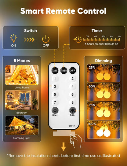 Minetom Globe String Lights – Flameless Bedroom Lighting Safe Around Kids & Pets, 6-Hour Auto Timer Shatterproof Cool-Touch Plug-in Fairy Lights