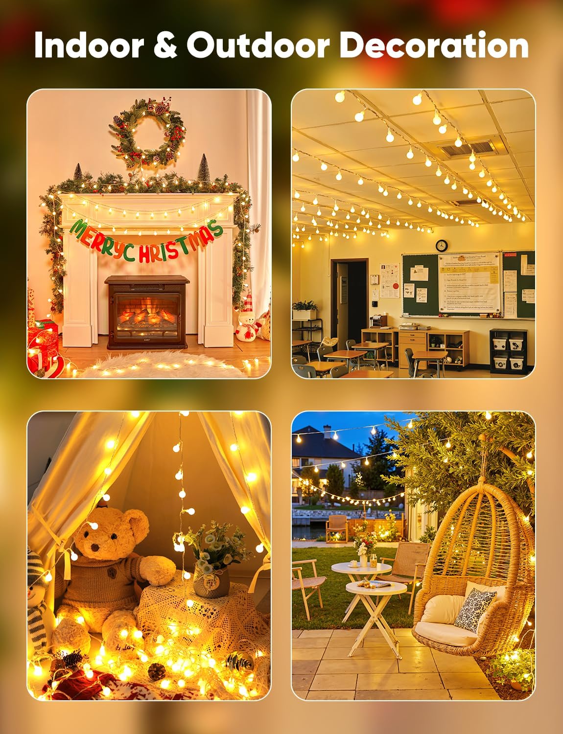 Minetom Globe String Lights – Flameless Bedroom Lighting Safe Around Kids & Pets, 6-Hour Auto Timer Shatterproof Cool-Touch Plug-in Fairy Lights
