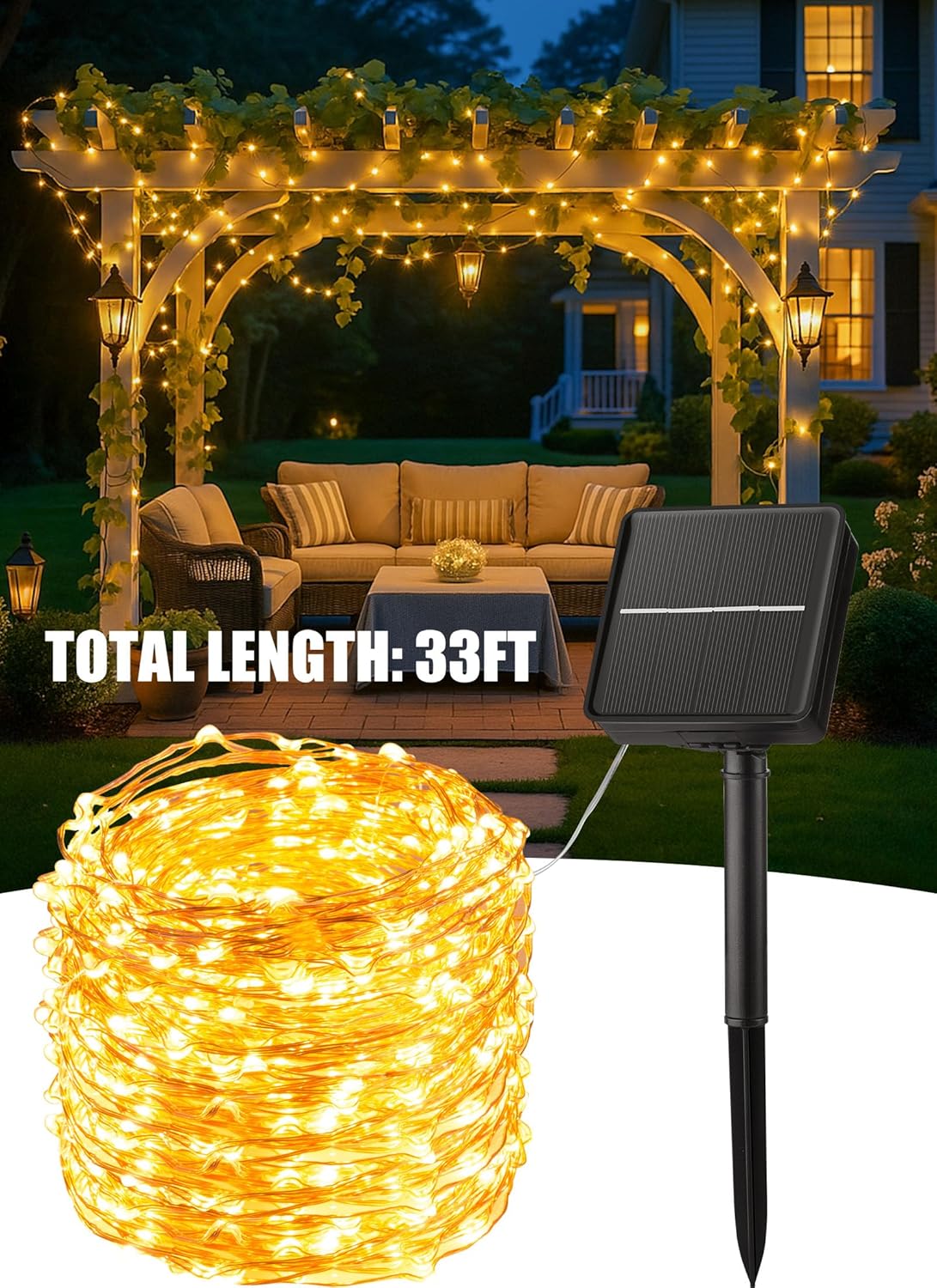 Minetom Minimalist Solar String Lights, 33Ft 100 LED Clean Warm White Glow for Intentional Living Spaces