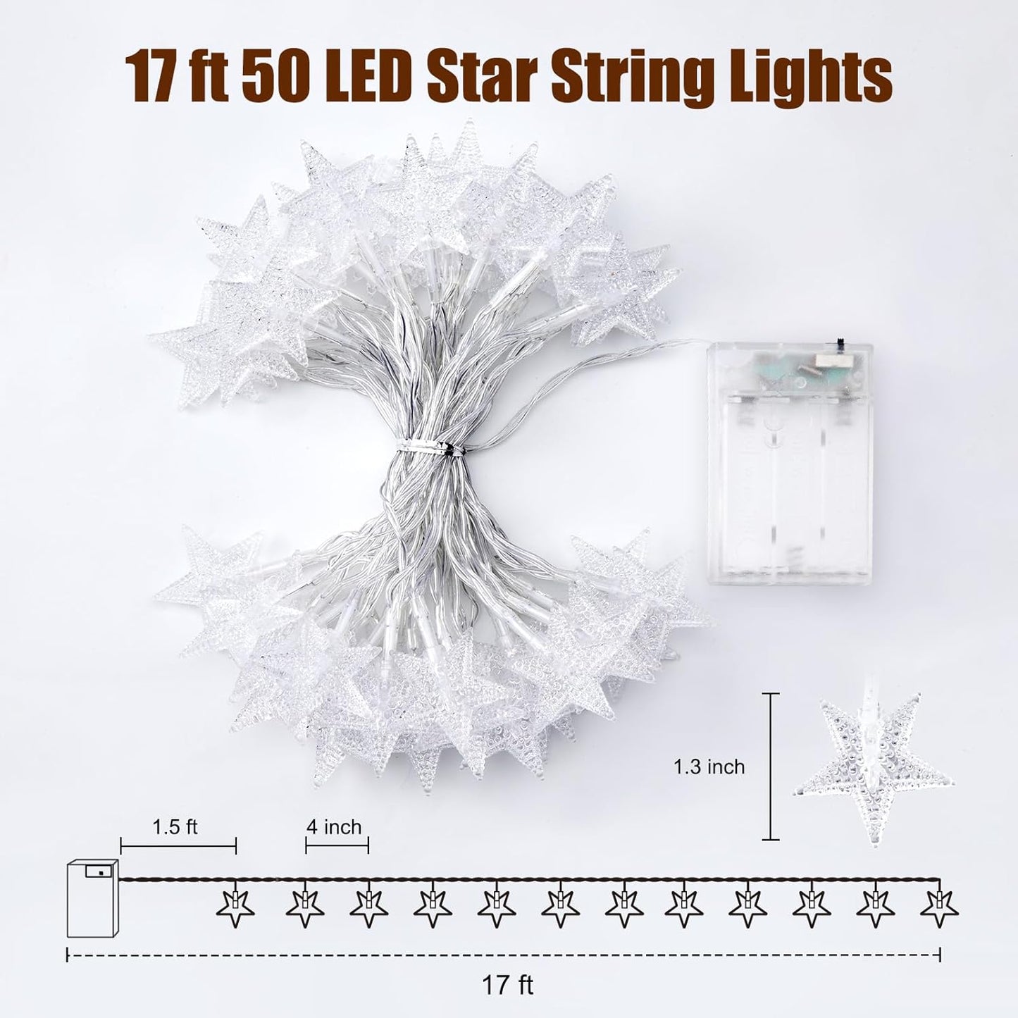 Minetom Star String Lights Battery Operated – Waterproof Patio and Porch String Lights, No Outlet Needed, 17 ft