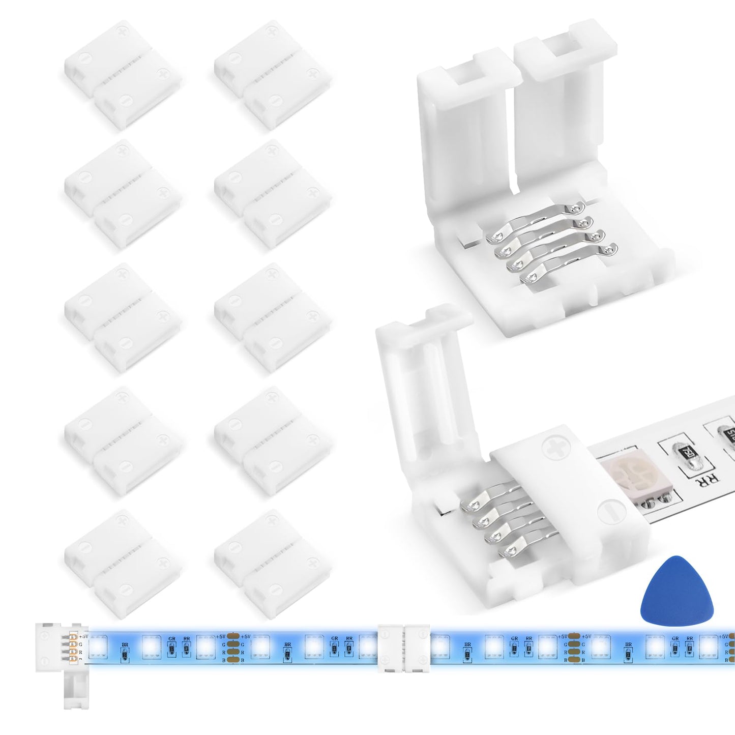MISSOURI LED Strip Corner Connectors 10-Pack – Gapless 4-Pin Solderless Adapters for Bedroom Accent Walls and Home Theater RGB Lighting, 10mm