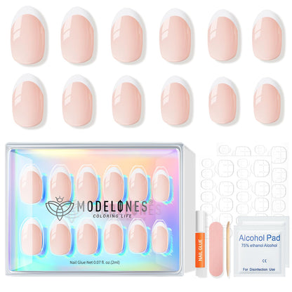 modelones French Tip Press On Nails Short Oval – Thoughtful Birthday Gift for Her, Ready-to-Wear Manicure Kit for Women and Girls