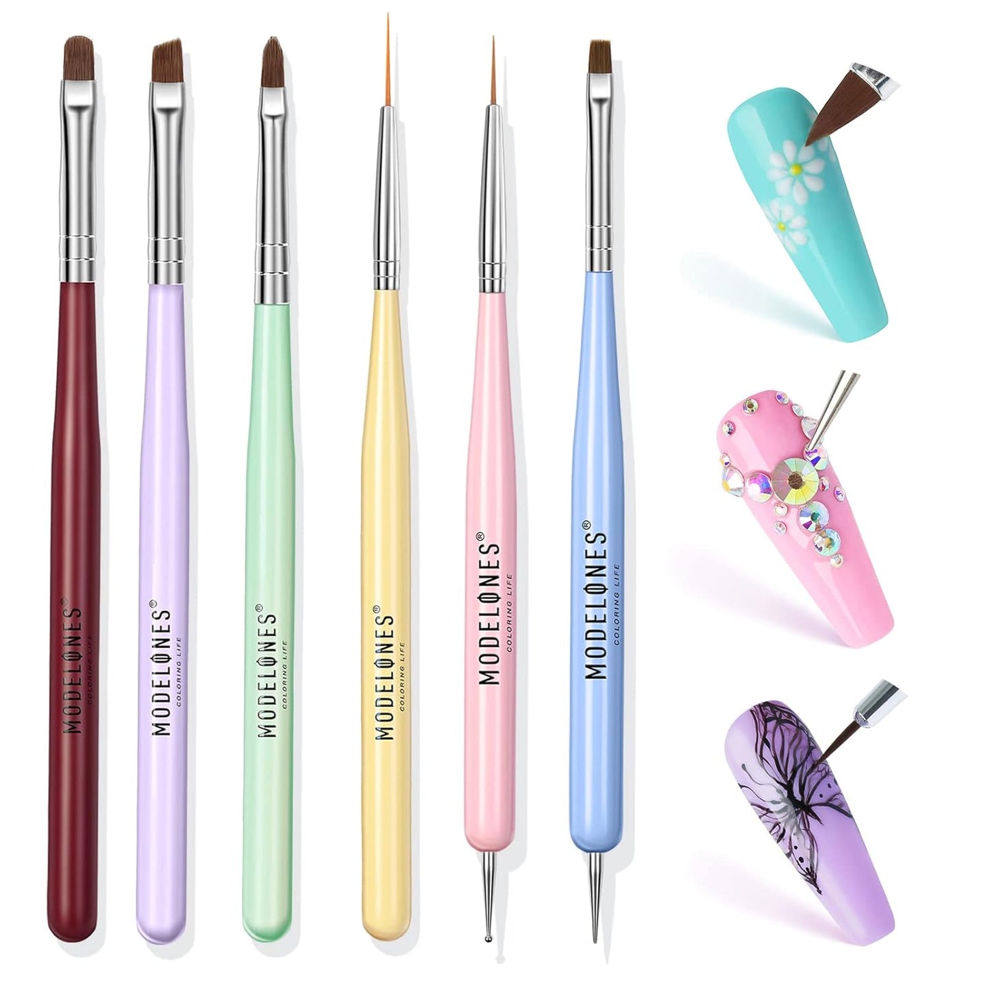 Modelones Nail Art Brush Set — Self-Care Ritual for Bedtime Pampering, 6-Piece Soak-Off Gel Brush Kit at Home