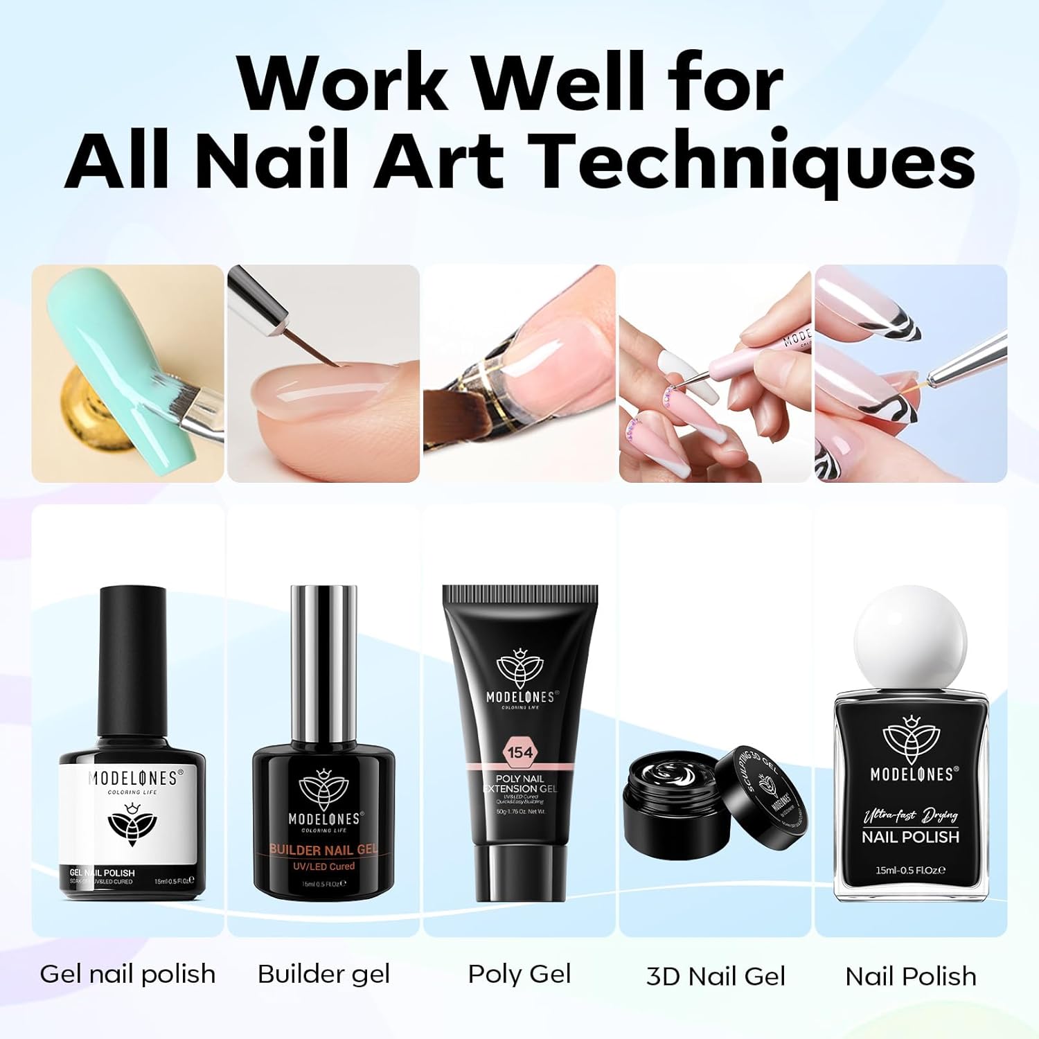 Modelones Nail Art Brush Set — Self-Care Ritual for Bedtime Pampering, 6-Piece Soak-Off Gel Brush Kit at Home