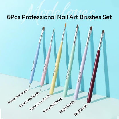 Modelones Nail Art Brush Set — Self-Care Ritual for Bedtime Pampering, 6-Piece Soak-Off Gel Brush Kit at Home