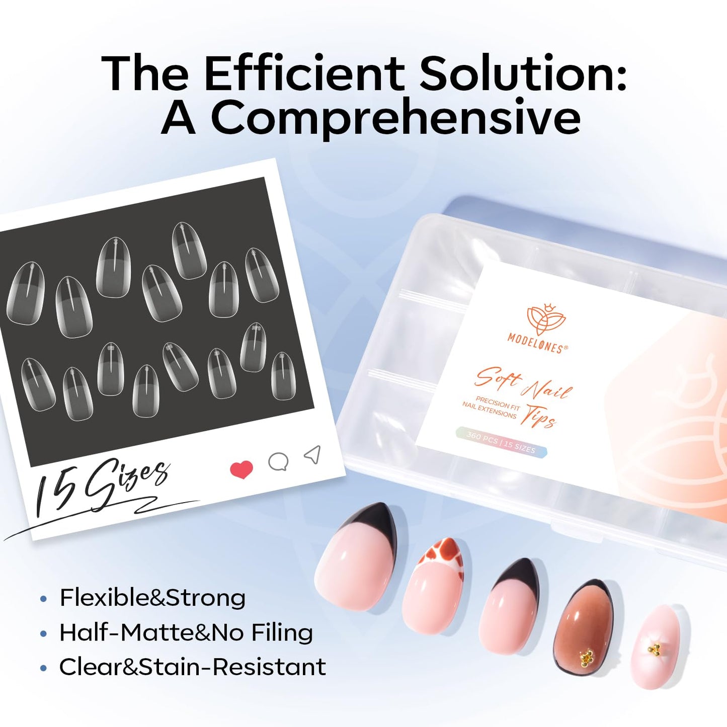 modelones Toxin-Free Almond Press-On Nails – Self-Care Manicure Ritual for Home Vanity Setups, 360 Soft Gel Tips