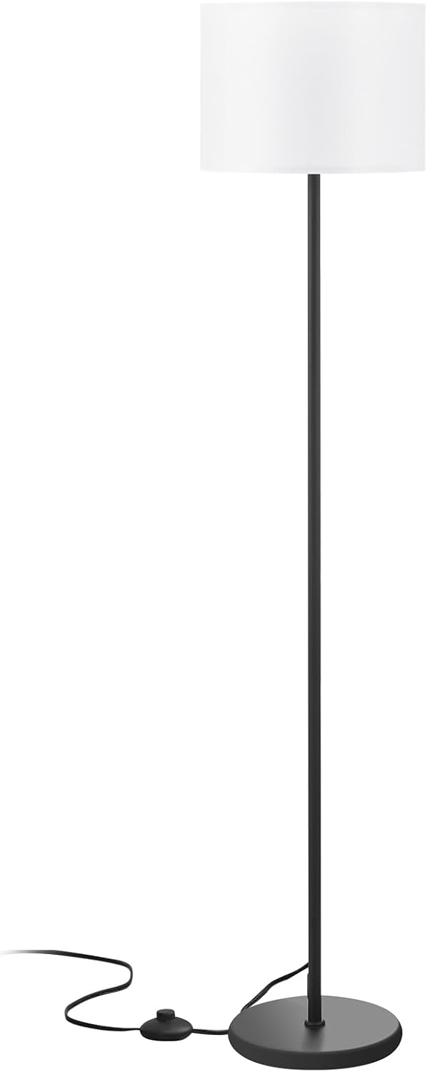 Modern Minimalist Floor Lamp with White Linen Shade, Slim Black Pole and Hands-Free Foot Switch, 60-Inch Corner Lamp for Studio Apartments and Reading Nooks