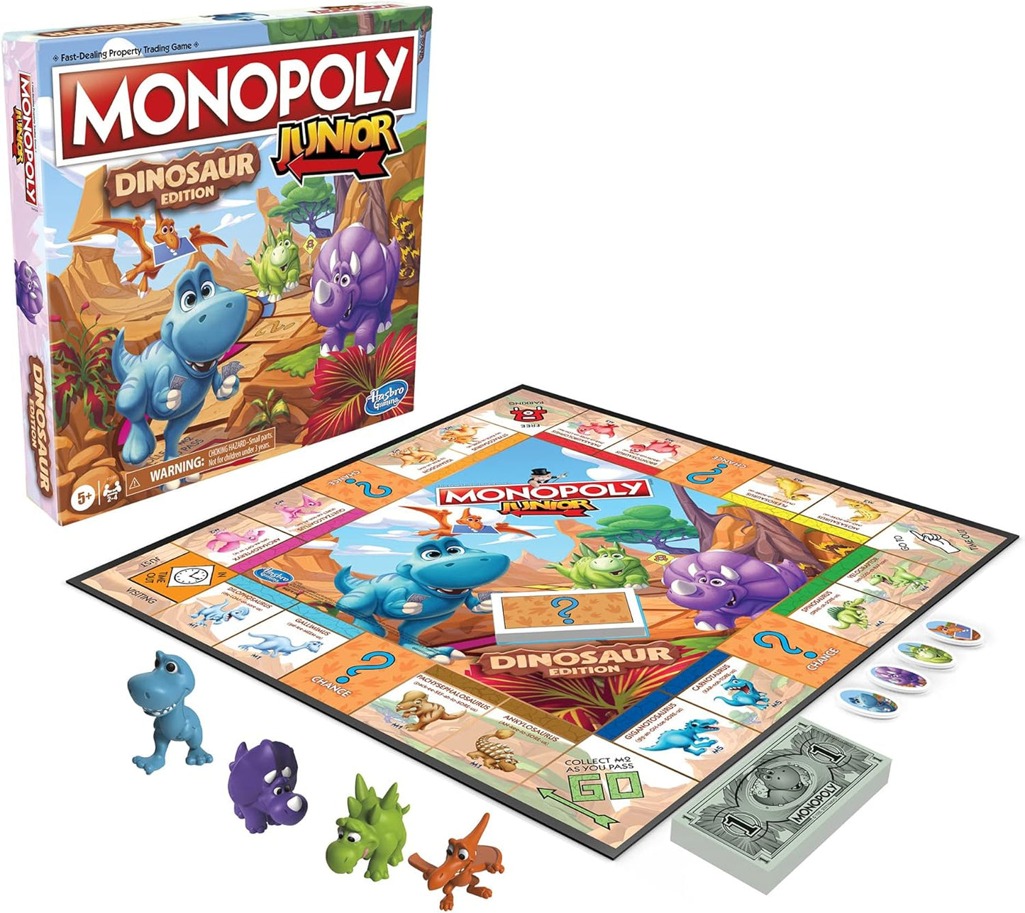 Monopoly Junior Dinosaur Edition, Kid-Safe Family Board Game with No Batteries and No Small Sharp Parts