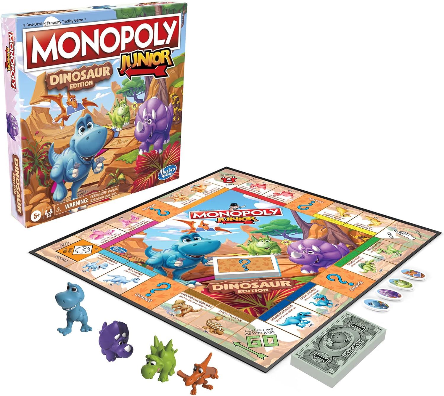 Monopoly Junior Dinosaur Edition, Kid-Safe Family Board Game with No Batteries and No Small Sharp Parts