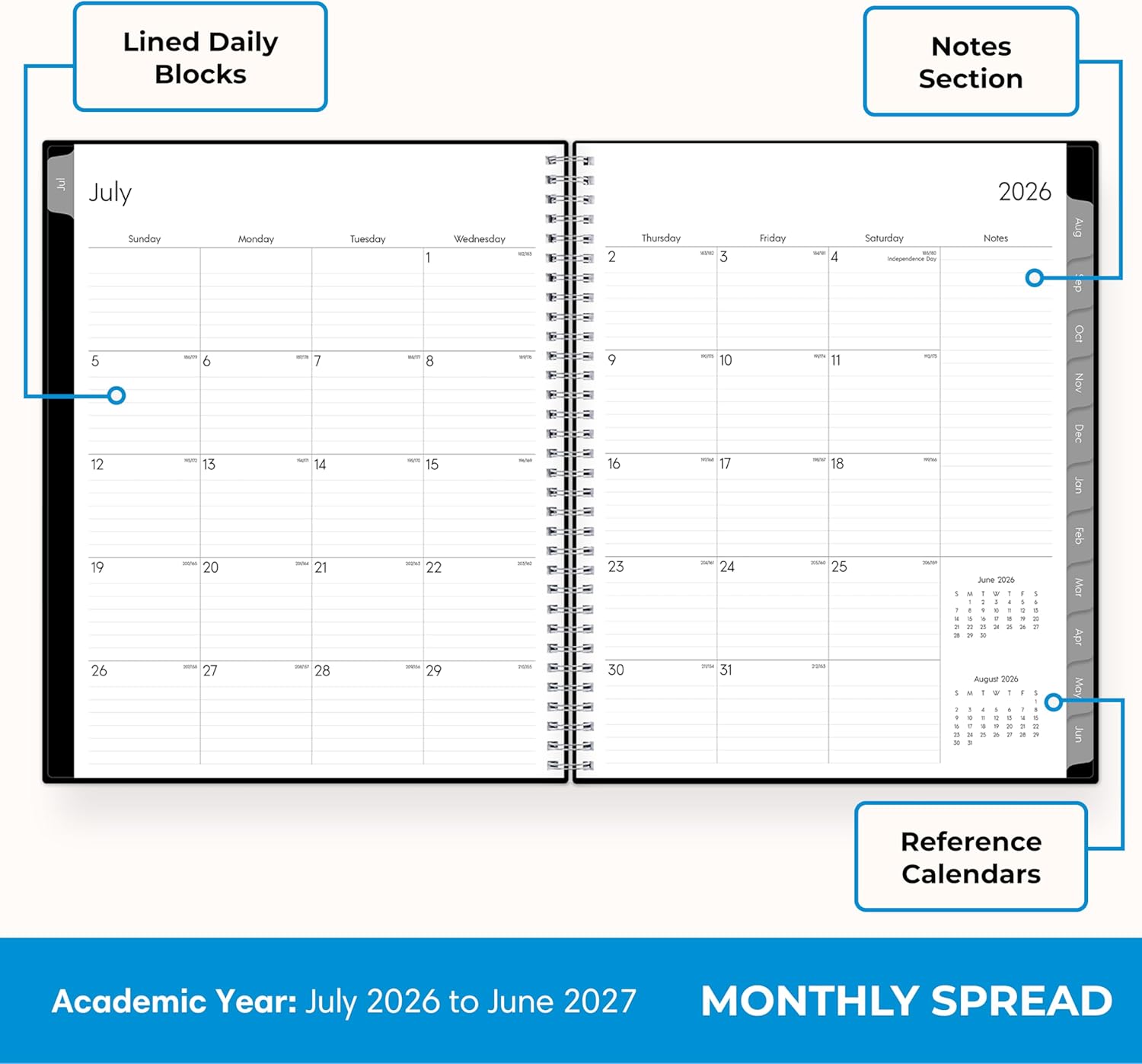 monthly pages with previous/next month reference calendars, notes section, and holiday list