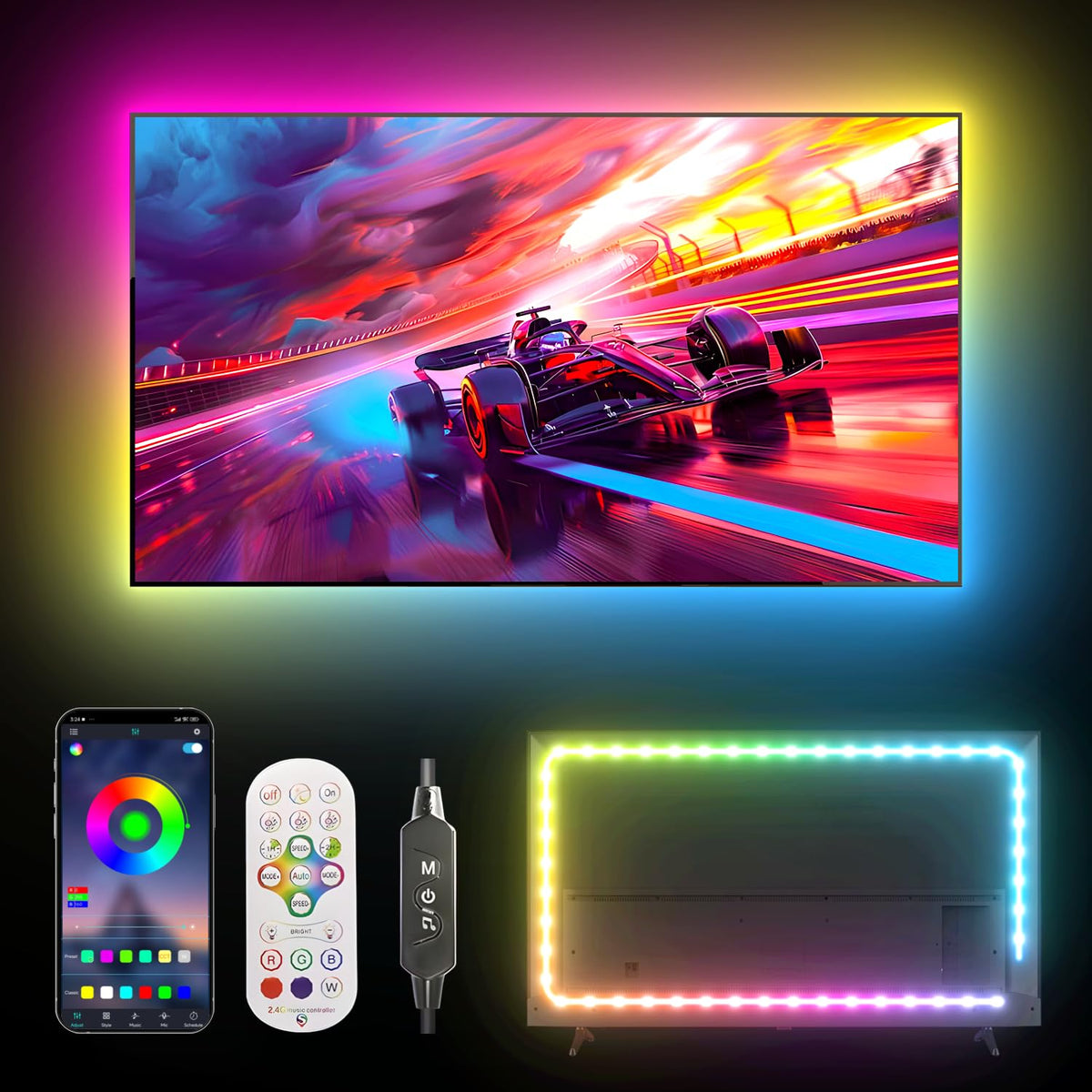 MORIACC TV LED Backlight 13.1ft, RGB LED Strip Lights for 32-65 Inch TV, Music Sync TV Backlights with APP &amp;amp; Remote Control, USB Powered LED Lights for TV Behind TV Ambient Lighting for Gaming Bedroom