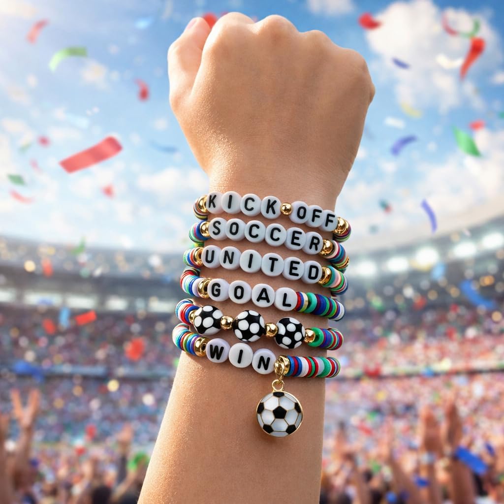 motivational letter beads spelling kick off, soccer, united, goal, and win
