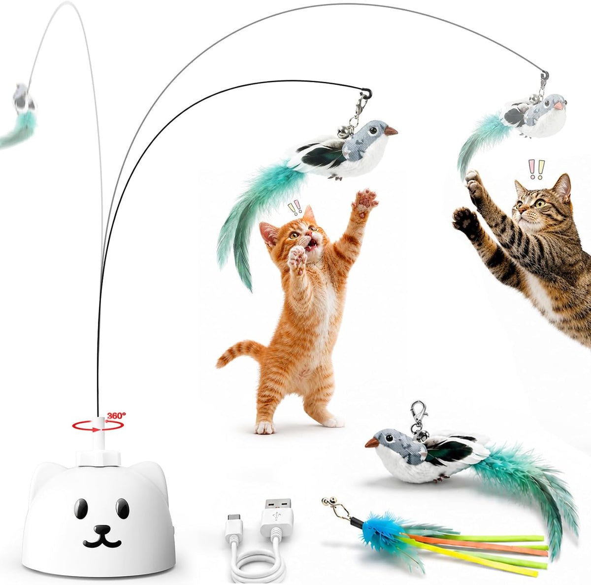 motorized feather wand with 360-degree rotating, rising and falling motion