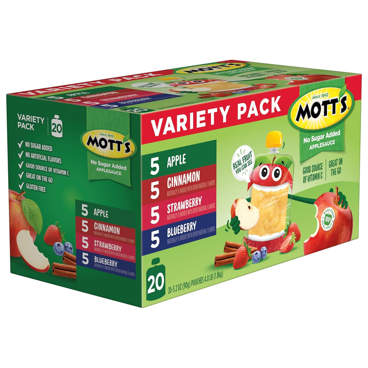 Mott's No Sugar Added Fruit Pouches – Apple, Strawberry, Blueberry, Cinnamon Snack Pack for Children and Toddlers