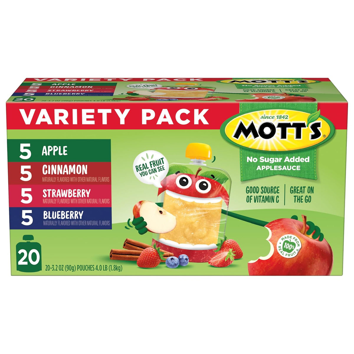 Mott's No Sugar Added Fruit Pouches – Apple, Strawberry, Blueberry, Cinnamon Snack Pack for Children and Toddlers