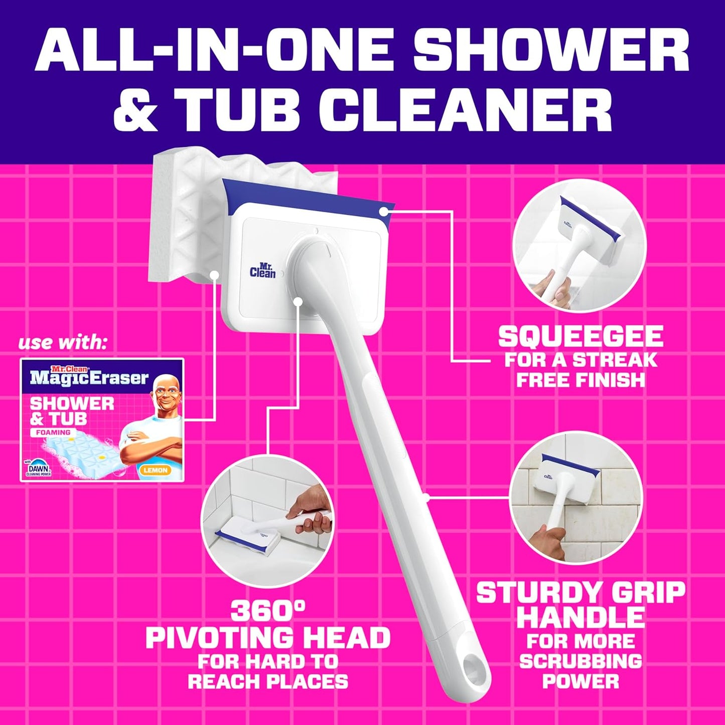 Mr. Clean Magic Eraser Shower & Tub Scrubber to Cut Cleaning Time in Half, All-in-One Foaming Bathroom Scrubber for Dual-Income Households