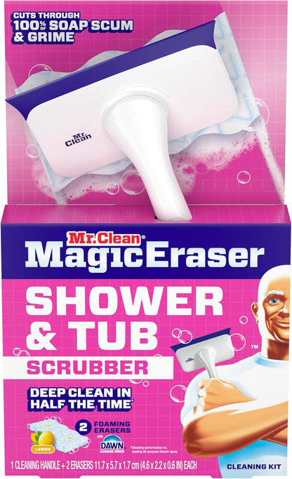 Mr. Clean Magic Eraser Shower & Tub Scrubber to Cut Cleaning Time in Half, All-in-One Foaming Bathroom Scrubber for Dual-Income Households