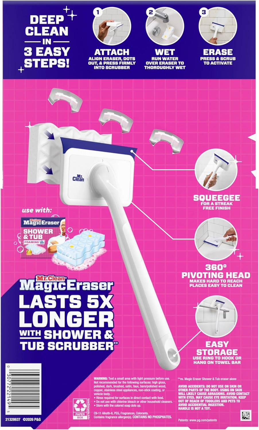Mr. Clean Magic Eraser Shower & Tub Scrubber to Cut Cleaning Time in Half, All-in-One Foaming Bathroom Scrubber for Dual-Income Households
