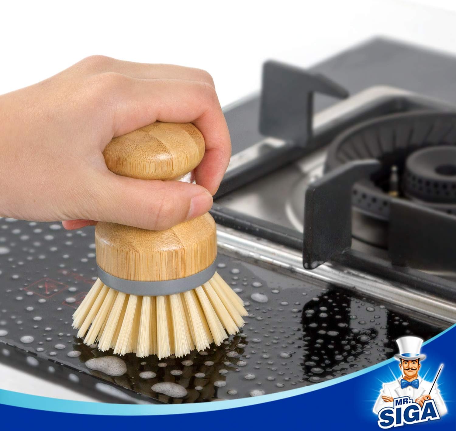 MR.SIGA Bamboo Palm Brush – Gentle Scrubber That Protects Coated Pans, Kitchen Sink Cleaning