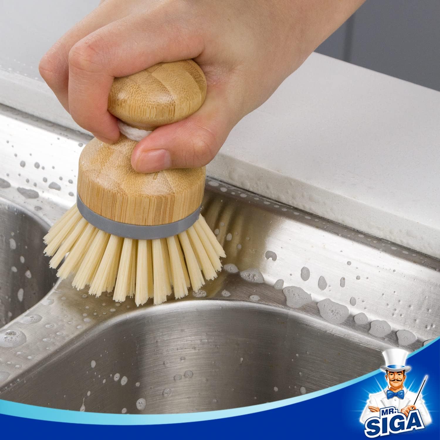 MR.SIGA Bamboo Palm Brush – Gentle Scrubber That Protects Coated Pans, Kitchen Sink Cleaning