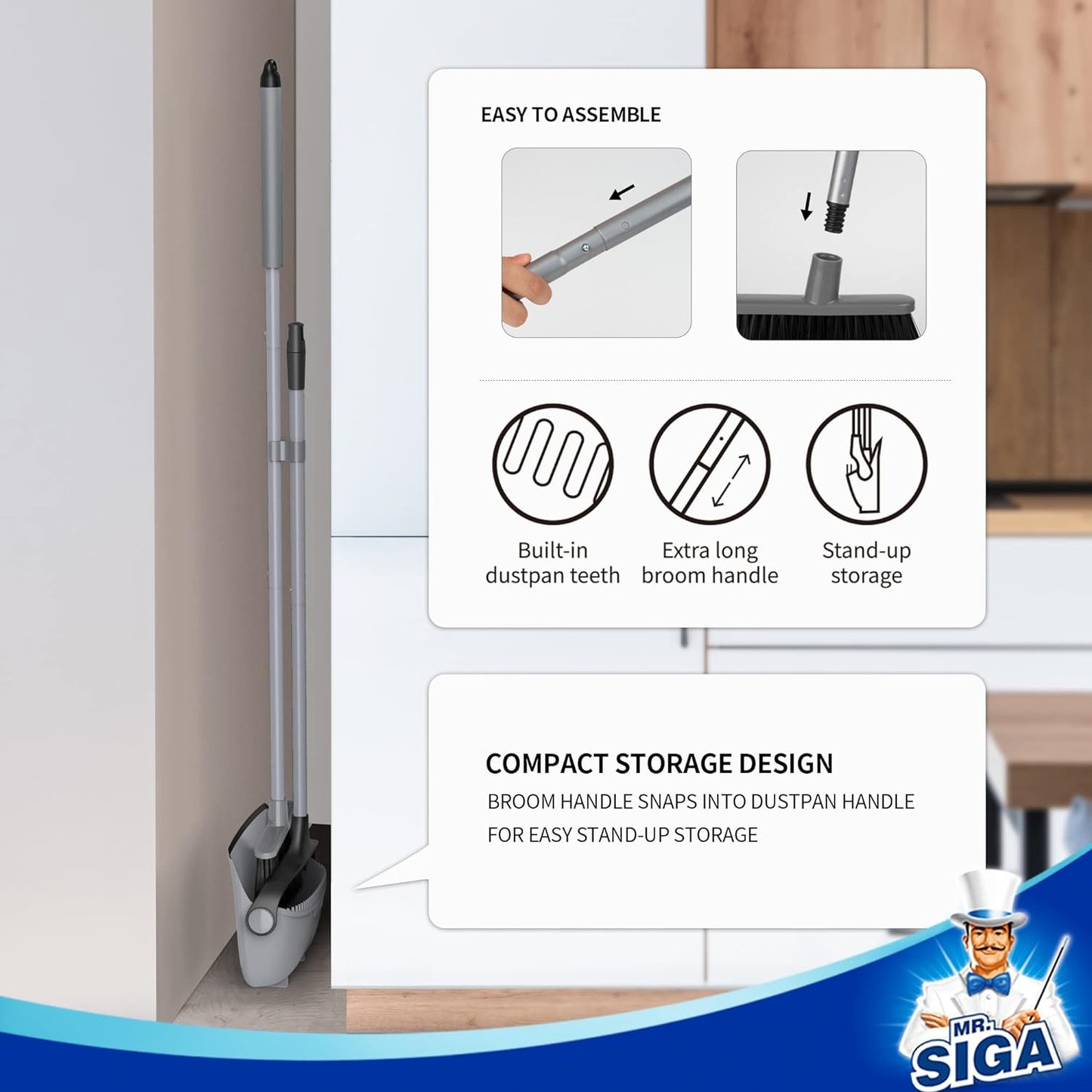 MR.SIGA Broom and Dustpan Set with Adjustable Long Handle, Family Floor Sweeper for Playroom and Entryway Messes, Gray