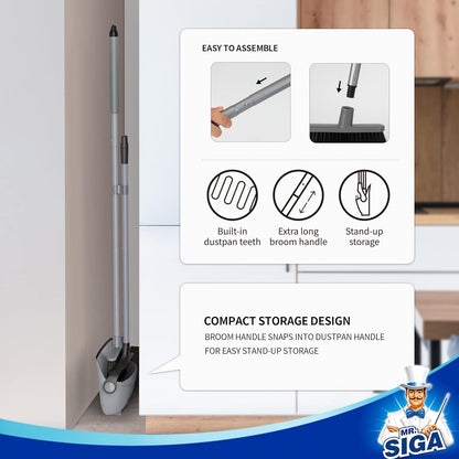 MR.SIGA Broom and Dustpan Set with Adjustable Long Handle, Family Floor Sweeper for Playroom and Entryway Messes, Gray