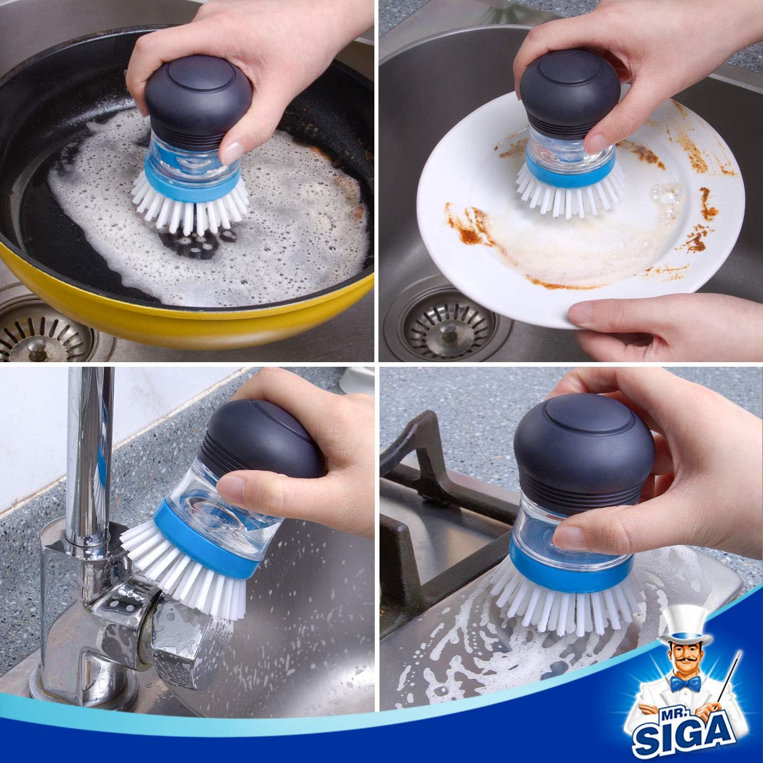 MR.SIGA Soap Dispensing Dish Brush – Slip-Resistant TPR Grip for Steady Wet Handling