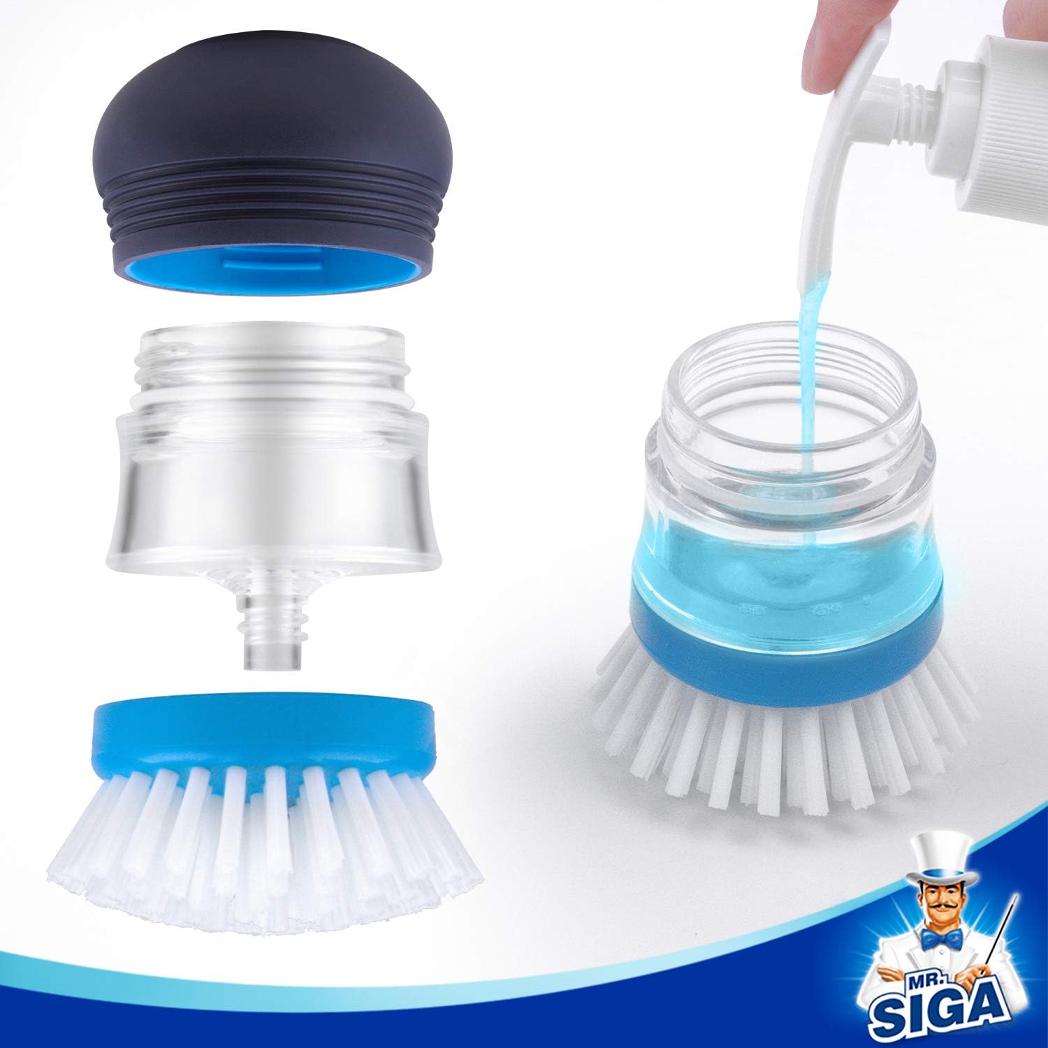 MR.SIGA Soap Dispensing Dish Brush – Slip-Resistant TPR Grip for Steady Wet Handling